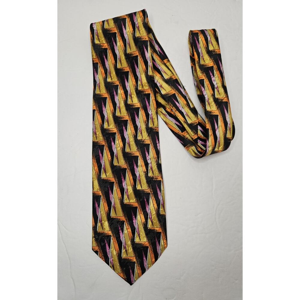 Gianno Vintage Men's Tie Black Orange Pink Geometric Pattern Necktie Made In USA